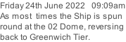 Friday 24th June 2022   09:09am As most  times the Ship is spun round at the 02 Dome, reversing back to Greenwich Tier.