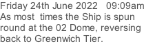 Friday 24th June 2022   09:09am As most  times the Ship is spun round at the 02 Dome, reversing back to Greenwich Tier.