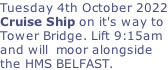 Tuesday 4th October 2022 Cruise Ship on it's way to Tower Bridge. Lift 9:15am and will  moor alongside the HMS BELFAST.